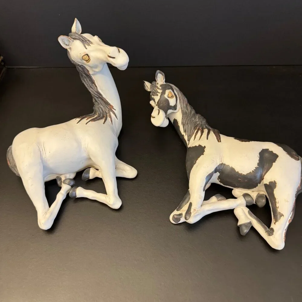 Handcrafted Ceramic Horse Figurines Set Of 2 Stamped Bier 2003 Painted White & G - Picture 1 of 16